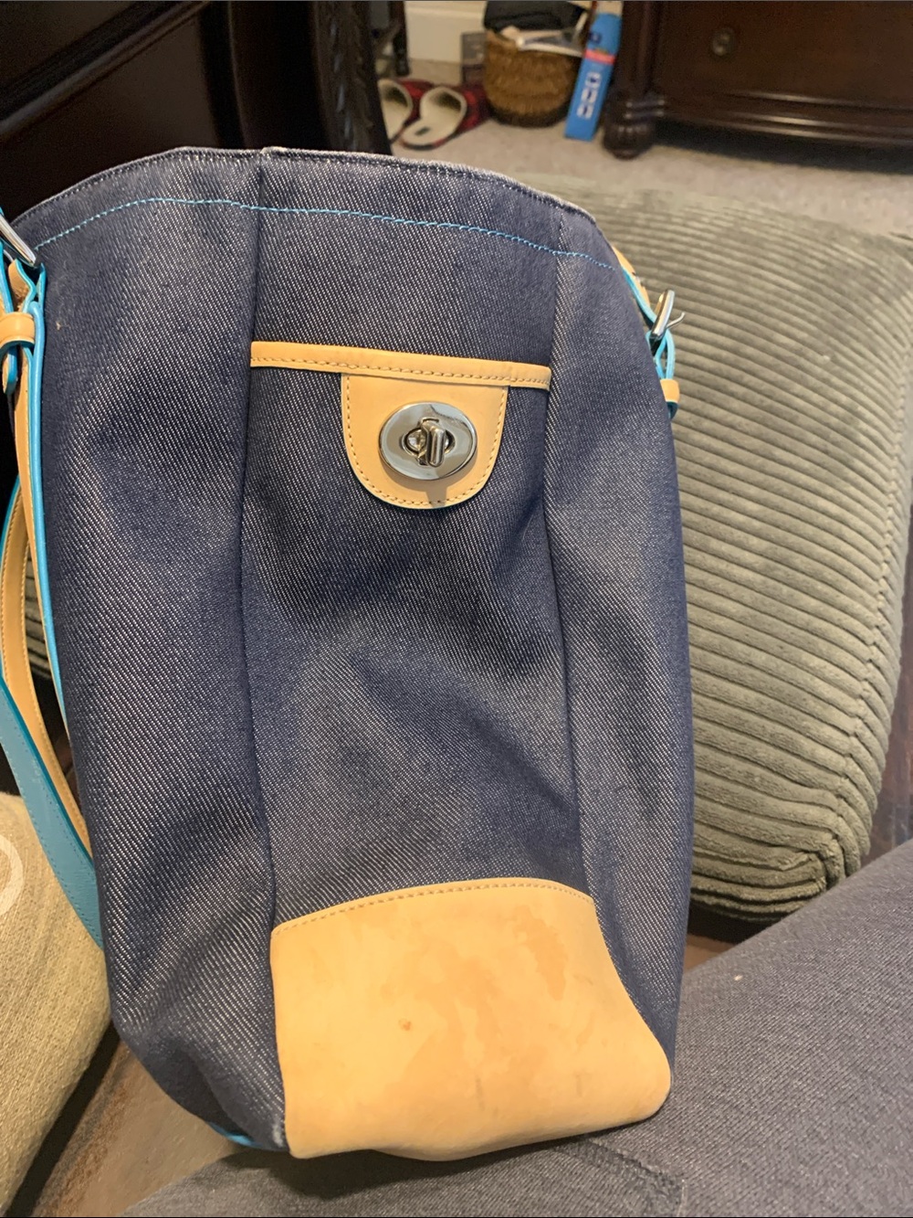 Coach Navy Canvas Tote with Tan Leather Straps and Teal Trim - Picture 2 of 8